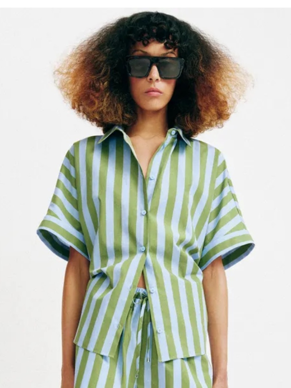 ZARA Oversized Green Blue Striped Button Up Shirt NWT Short Sleeve 4030/320